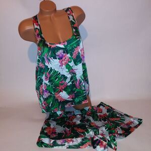 Victoria Secret Camisole Set XL Tank Top & Shorts Sleepwear Blue Green Tropical